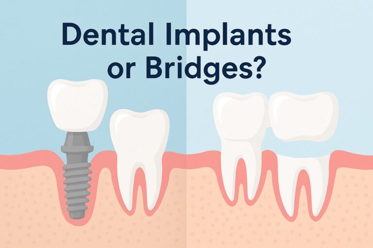 Image comparing dental implants to other tooth replacement options. The left side shows an implant supporting a single crown, while the right side shows a traditional bridge supported by adjacent teeth. Text on image says "Dental Implants or Bridges?".