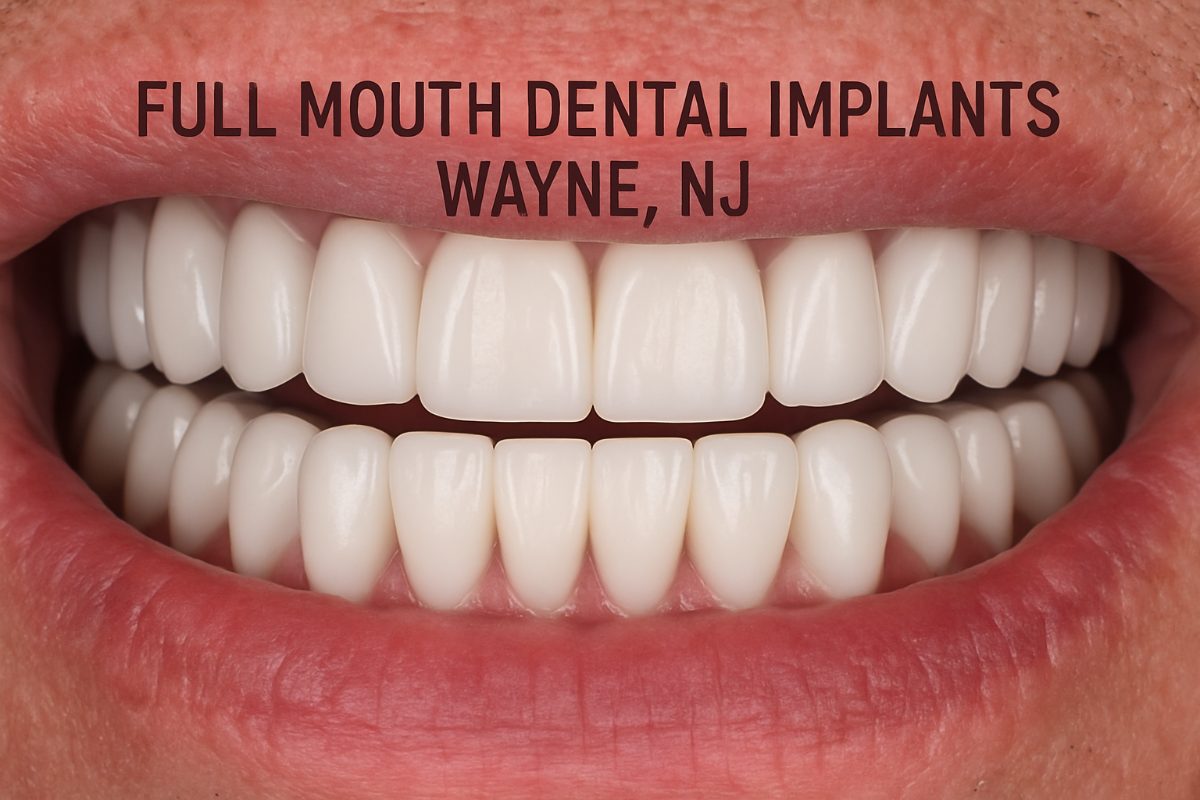 Image of a dentist smiling while speaking to a patient about full mouth dental implants. No text on image.
