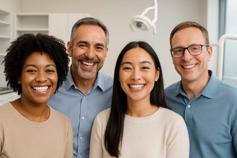 Image of a diverse group of people smiling, with subtle dental implants visible in some smiles. The background is a modern dental office setting. No text on the image.