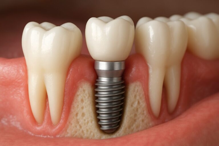 A dentist is consulting with a patient about options for replacing a missing tooth, using models and X-rays to explain dental implants, bridges, and dentures. No text on the image.