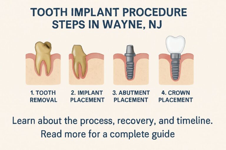 Photo of a dentist explaining the tooth implant procedure steps to a patient using a model of a jaw with an implant. The dentist is pointing to the implant site, and the patient is looking attentively. No text on image.